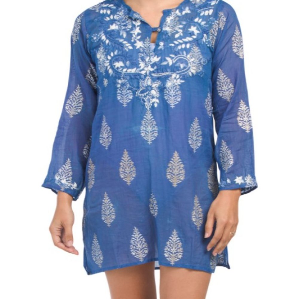 NWT UPF 50 RAJ  lightweight 100% Cotton Embroidered Maya Swim Tunic  Cover-up L